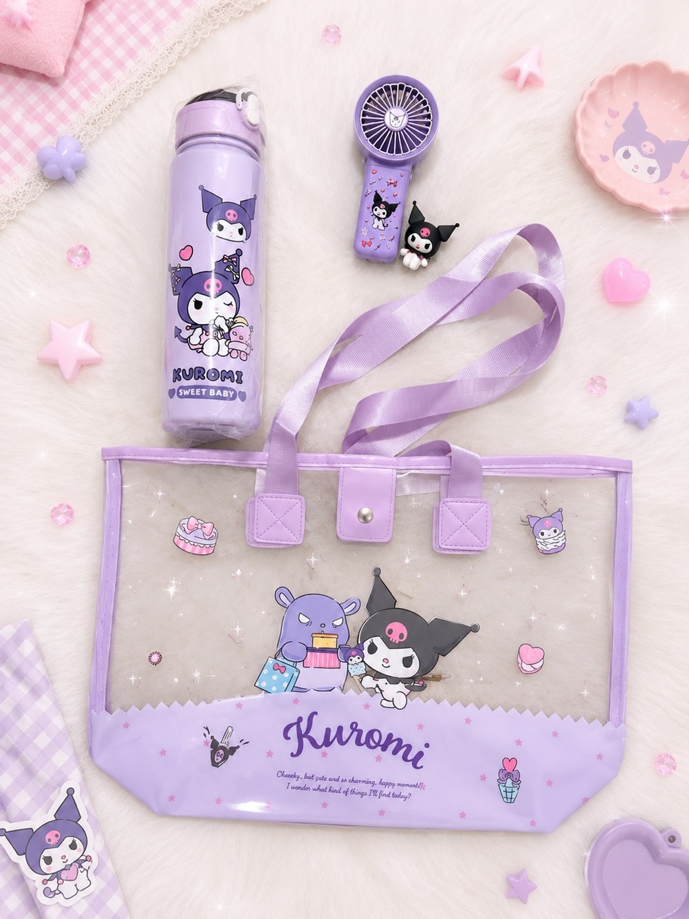 Sanrio Kuromi Clear Tote Bag Bundle Water Bottle Mini Fan NWOT